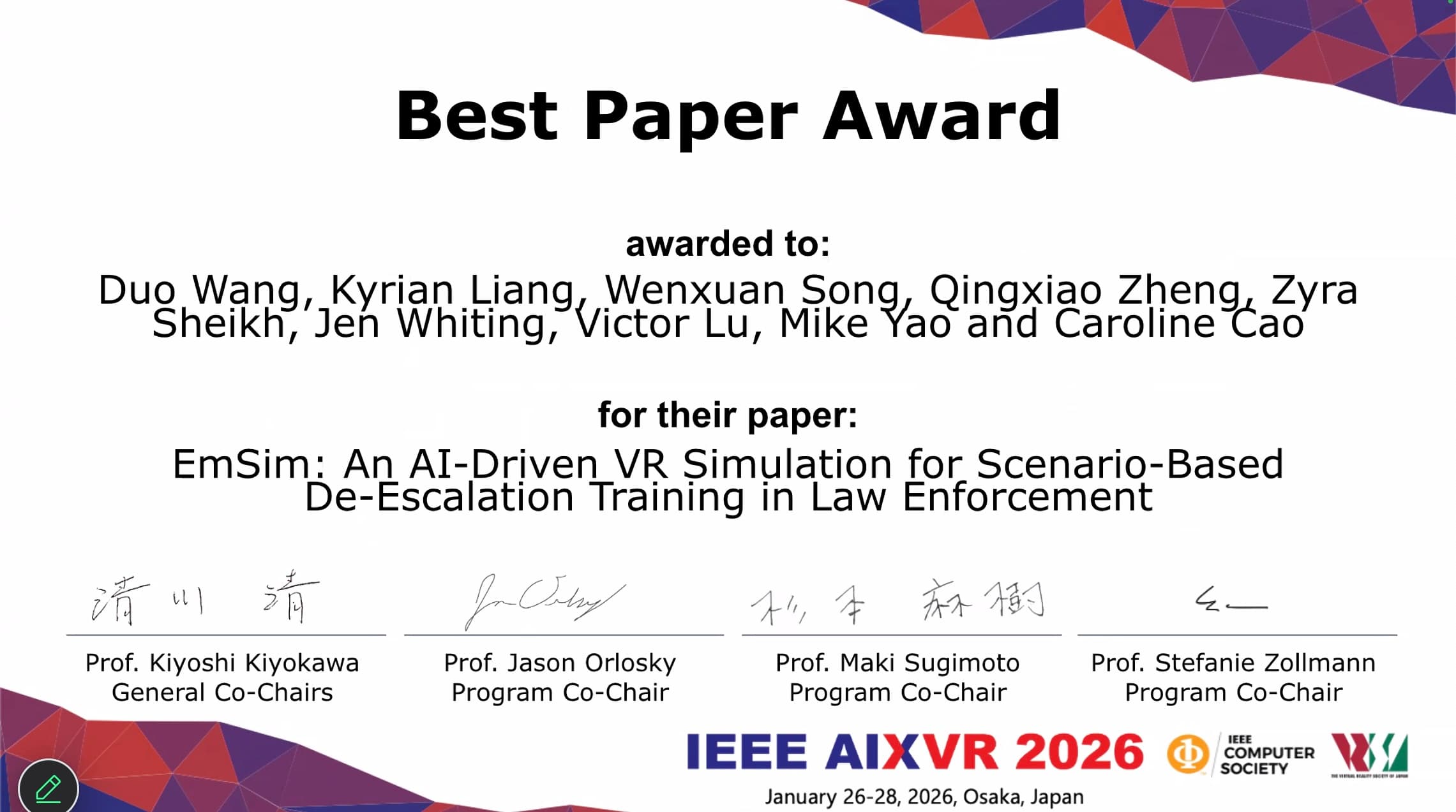 IEEE AIXVR Conference 2026 — two conference awards! — 1