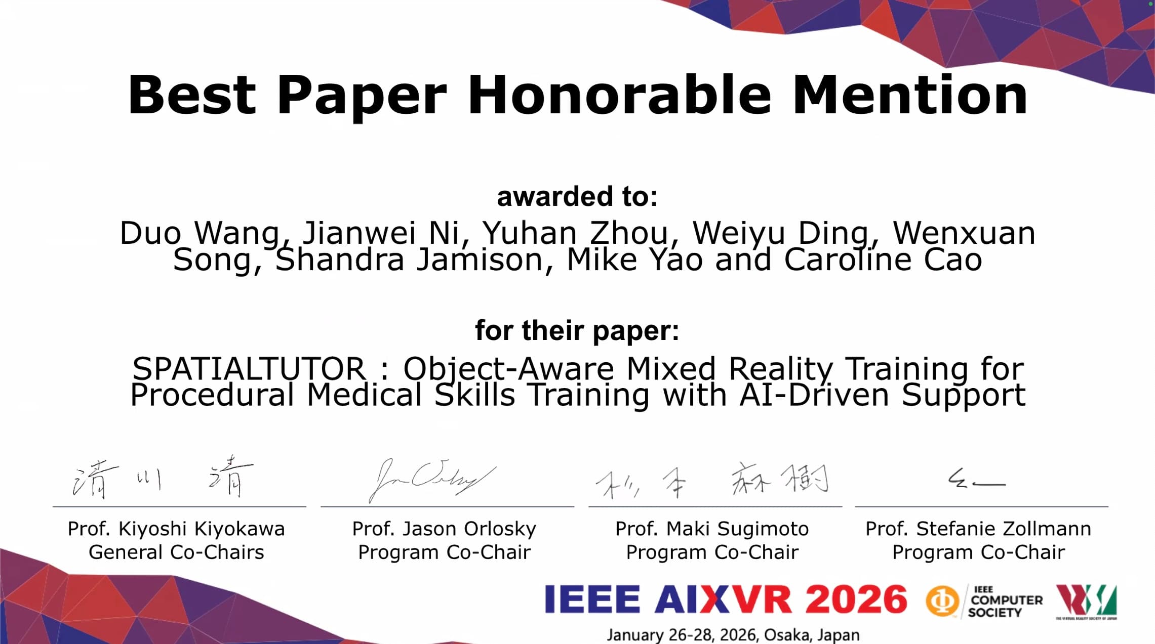 IEEE AIXVR Conference 2026 — two conference awards! — 2